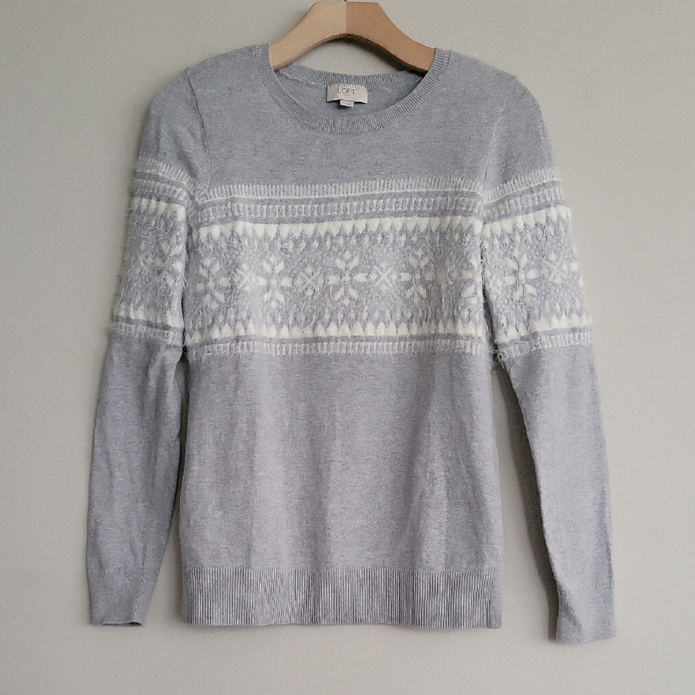 LOFT Light Gray and White Crewneck Sweater